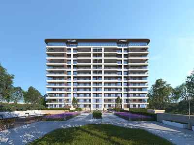 Modern High Rise Residential Building With Front Courtyard Greenery And Purple Flowers 3d model