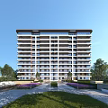 Modern High Rise Residential Building With Front Courtyard Greenery And Purple Flowers