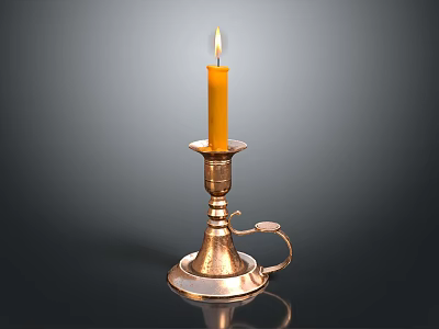 Antique Brass Candle Lamp With Lit Yellow Candle And Decorative Reflective Base 3d model