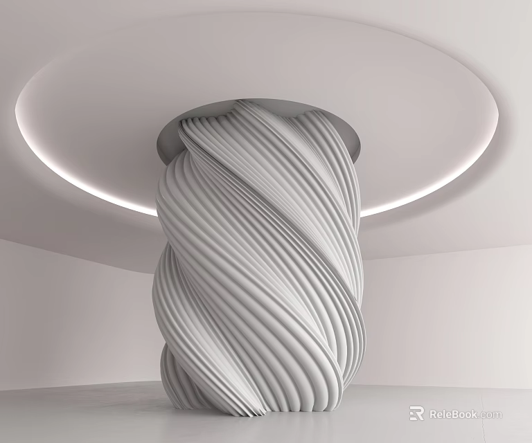 Sleek Twisted White Column Design In Modern Interior With Circular Ceiling Light 3d model 