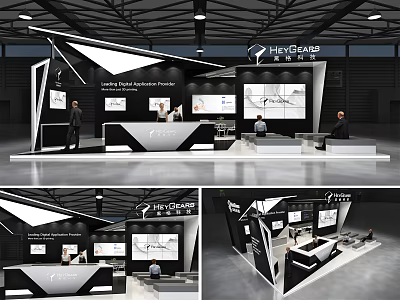Modern Exhibition Booth Design With Display Screens Reception Desk And Info Charts 3d model