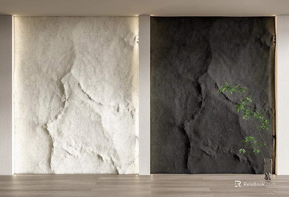 Light And Dark Textured Background Wall With Green Plant And Wooden Floor 3d model 