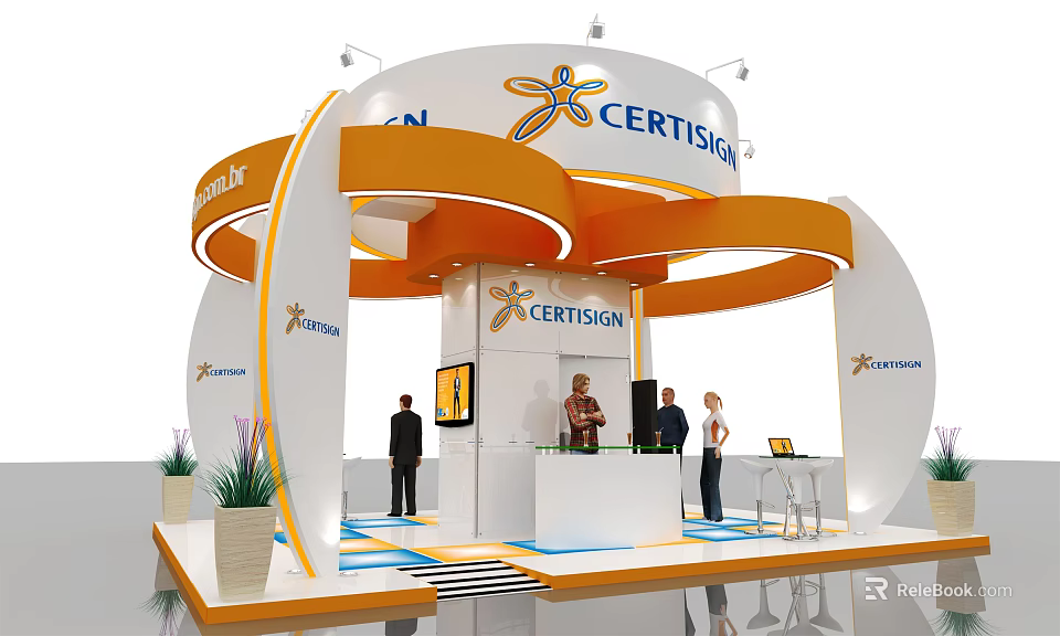 Modern Certisign Exhibition Booth With White Orange Curved Accents And People Interacting 3d model 