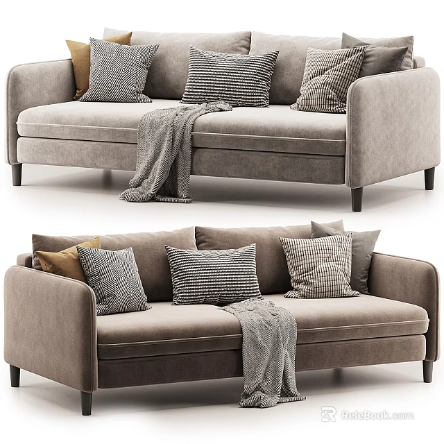 Modern Gray Living Room Sofa With Decorative Striped Checkered Pillows And Soft Blanket 3d model 