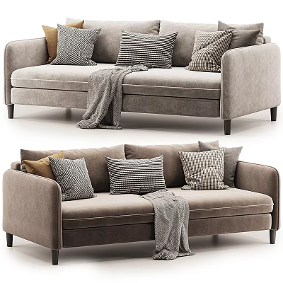 Modern Gray Living Room Sofa With Decorative Striped Checkered Pillows And Soft Blanket 3d model