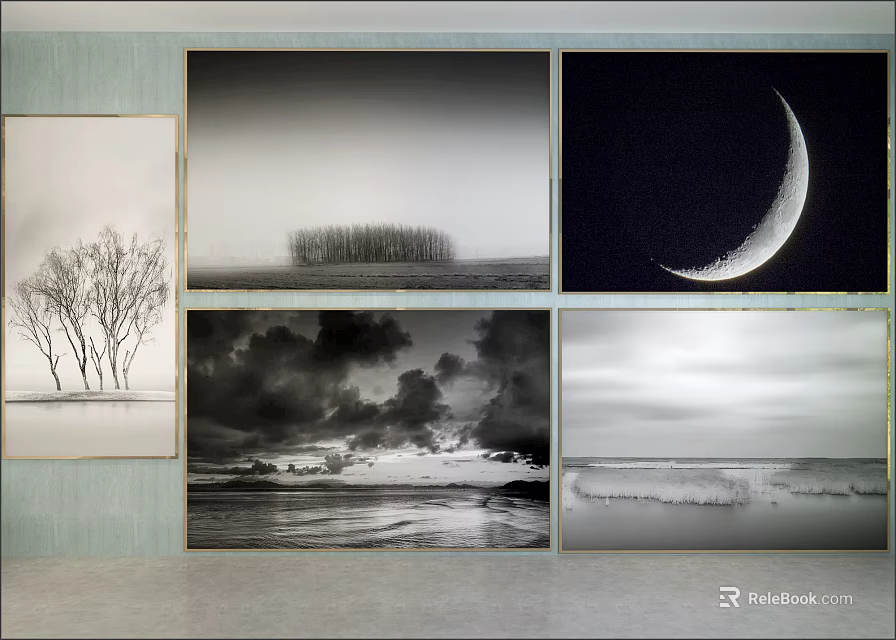 Black and White Landscape Paintings With Trees Sea Moon Clouds and Waves 3d model 