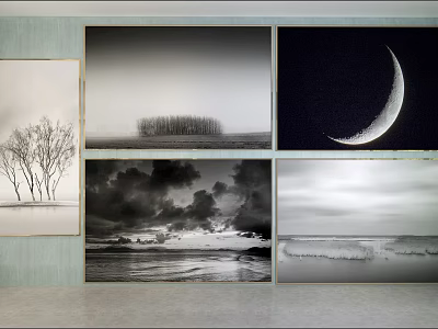 Black and White Landscape Paintings With Trees Sea Moon Clouds and Waves 3d model
