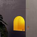 Gray Cubic Wall Lamp With Arched Illuminated Niche Warm Yellow Light Small Figurine Dark Background