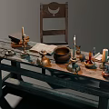 Vintage Wooden Desk With Candles Books Ink Bottles And Wooden Chair