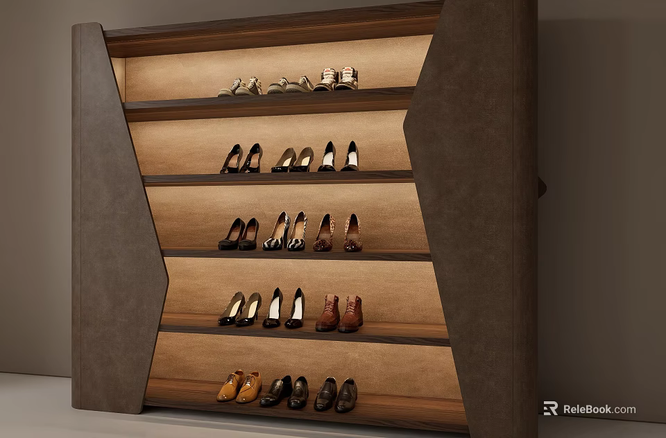 Modern Shoe Cabinet With Multiple Shelves Wooden Panels Built in Lighting For Organized Shoes 3d model 