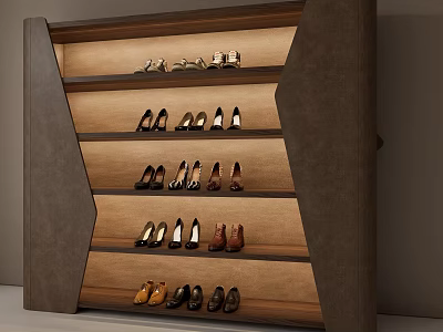 Modern Shoe Cabinet With Multiple Shelves Wooden Panels Built in Lighting For Organized Shoes 3d model