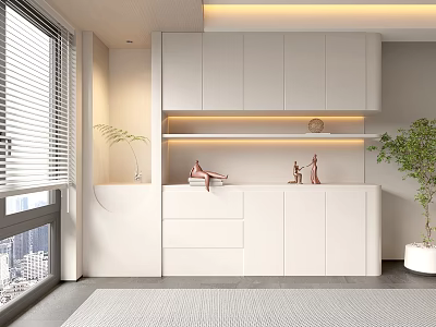 Modern Minimalist Interior With White Cabinet Shelf Sculptures Clock And City View Green Plant 3d model