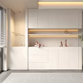 Modern Minimalist Interior With White Cabinet Shelf Sculptures Clock And City View Green Plant