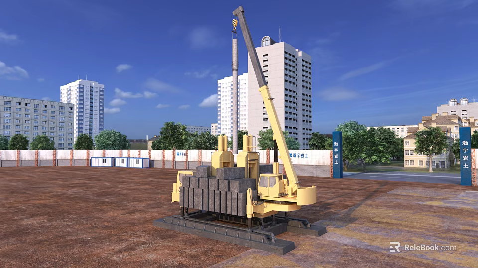 Construction Site With Crawler Crane And High Rise Buildings Under Clear Blue Sky 3d model 