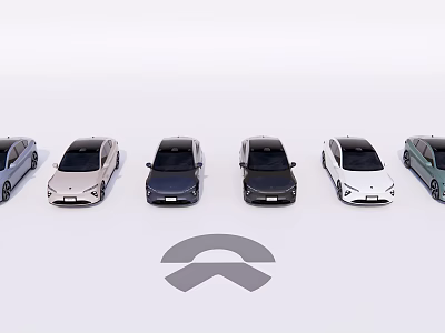 Six Different Colored Electric Cars Lined Up With Brand Logo Below 3d model