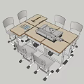 Modular Light Wood Table Set With White Rolling Office Chairs 3d model