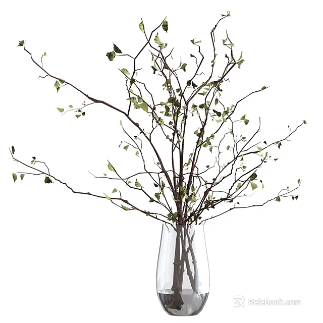 Decorative Transparent Glass Vase With Thin Branches And Small Green Leaves 3d model 