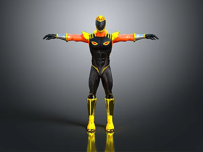Futuristic Superhero Costume In Black Yellow Orange With Glowing Eyes And Reflective Boots 3d model