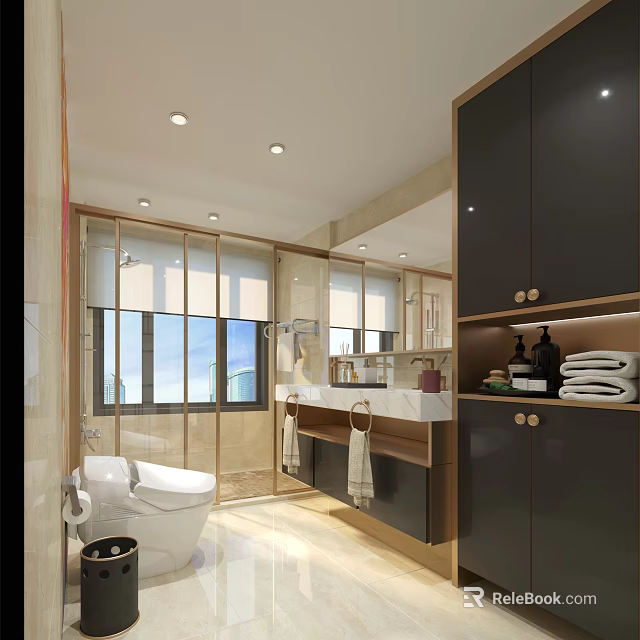 Modern Luxury Bathroom Interior With Marble Double Sink Vanity Glass Shower And Large Storage Cabinets 3d model 