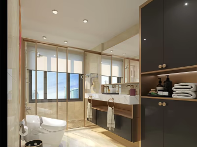 Modern Luxury Bathroom Interior With Marble Double Sink Vanity Glass Shower And Large Storage Cabinets 3d model