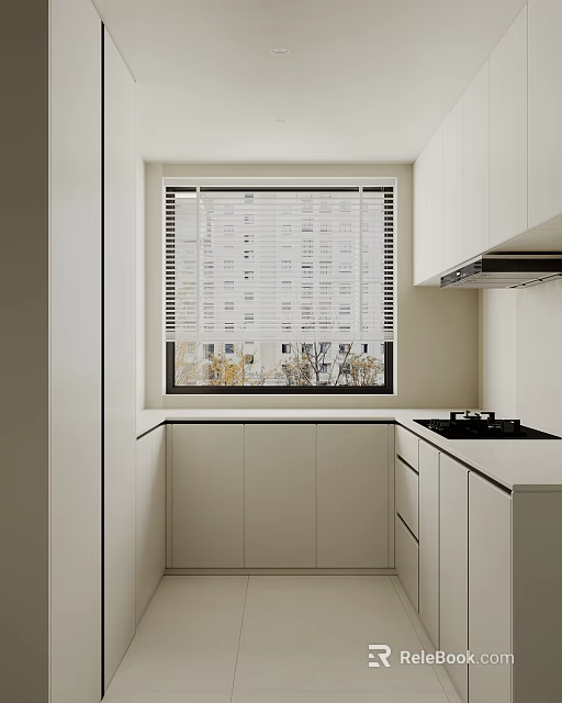 Modern Kitchen Interior With White Cabinets Window Blinds And Stove 3d model 