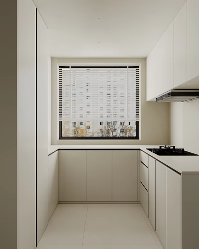 Modern Kitchen Interior With White Cabinets Window Blinds And Stove 3d model