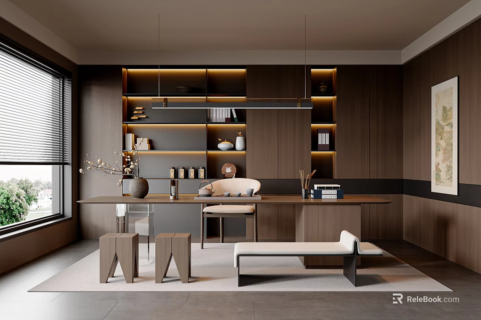 Modern Tea Room Interior Design With Wooden Walls Shelves Long Table And Decorations 3d model 