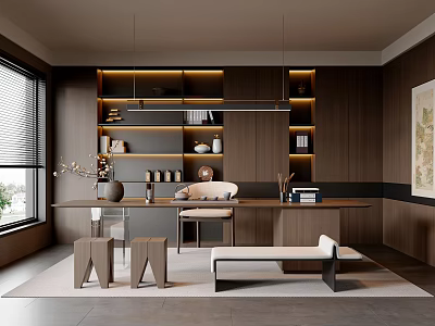 Modern Tea Room Interior Design With Wooden Walls Shelves Long Table And Decorations 3d model