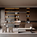 Modern Tea Room Interior Design With Wooden Walls Shelves Long Table And Decorations
