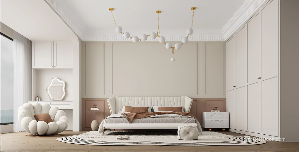 Elegant Modern Bedroom With White Headboard Gold Chandelier Beige Walls Round Rug And White Nightstand 3d model 