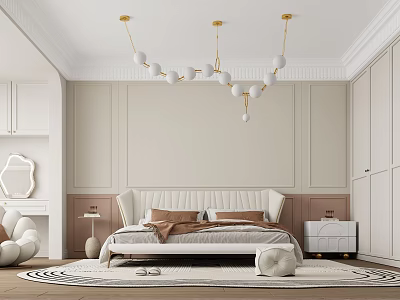Elegant Modern Bedroom With White Headboard Gold Chandelier Beige Walls Round Rug And White Nightstand 3d model