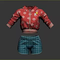 Red Floral Jacket With Colorful Design Striped Cuffs And Blue Pleated Shorts
