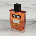 Elegant Amber Perfume Bottle With Black Square Cap And Potion Label On Marble Surface