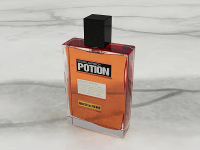 Elegant Amber Perfume Bottle With Black Square Cap And Potion Label On Marble Surface 3d model