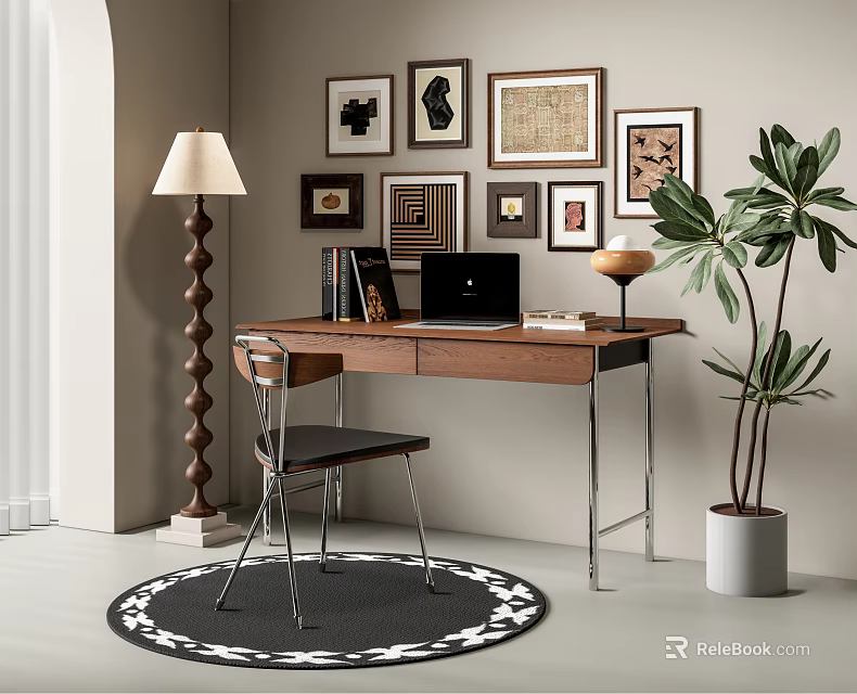 Modern Desk And Chair Set With Framed Artworks Floor Lamp Laptop Potted Plant And Rug 3d model 