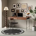 Modern Desk And Chair Set With Framed Artworks Floor Lamp Laptop Potted Plant And Rug