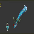 Blue Decorative Weapon Sword With Curved Transparent Blade Red Accents And Small Accessory