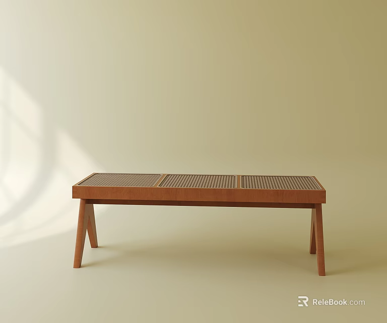 Minimalist Brown Wooden Bed Bench With Slatted Surface And Sunlight Shadow 3d model