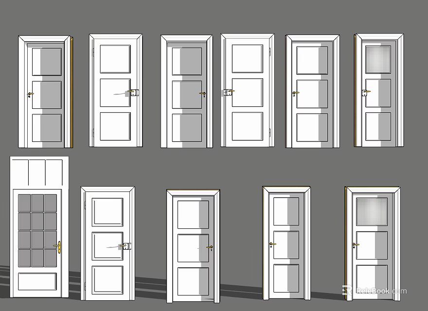 Various Swing Door Designs Featuring Glass Panels and Wooden Frames 3d model