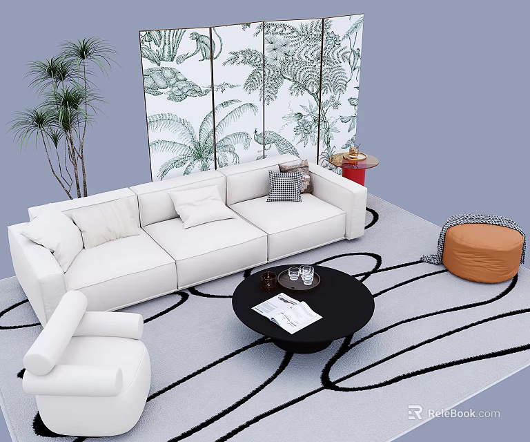White Sofa and Black Round Coffee Table with Geometric Rug Plant Screen in Living Room 3d model 