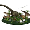 Various Prehistoric Reptiles Including Dinosaurs Pterosaur And Eggs In Grassland With Palm Trees