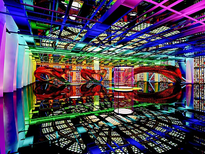 Modern Bar Interior With Colorful Neon Lights Mirrored Floors And Arched Decorations 3d model