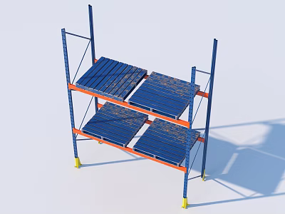Metal Storage Rack With Multi Tier Blue Shelves And Orange Beams For Warehouse Storage 3d model