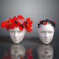 White Mannequin Heads Wearing Red And Black Floral Wreaths With Leaves And Berries