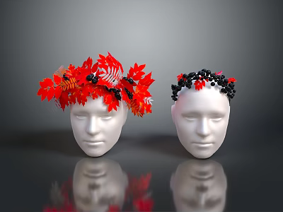 White Mannequin Heads Wearing Red And Black Floral Wreaths With Leaves And Berries 3d model