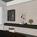 Modern Dressing Table with Black Gold Glass Cabinet Table Lamp Books Camera and Green Plant