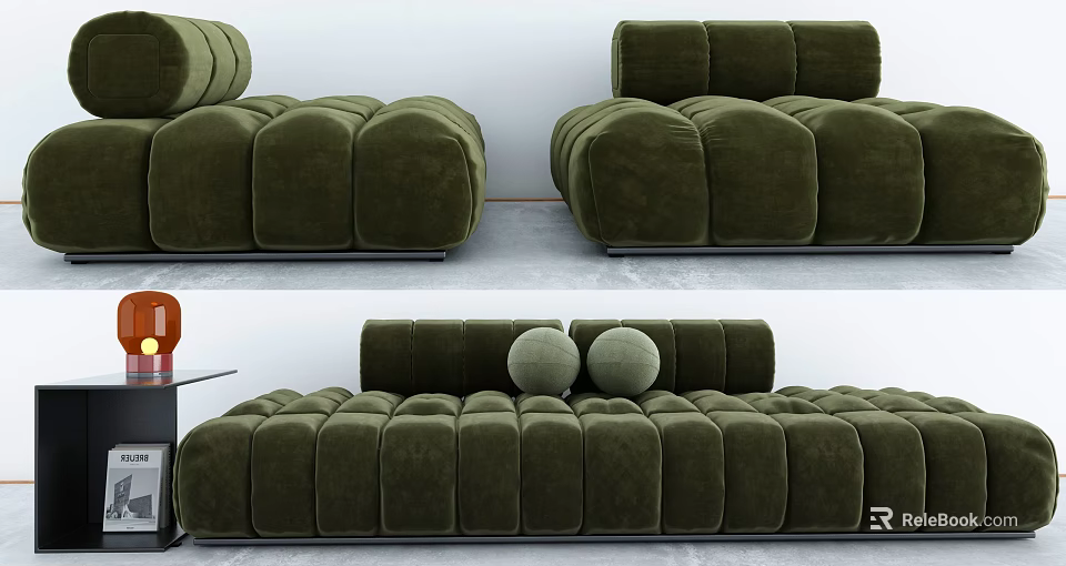 Olive Green Velvet Modular Sofa Set With Padded Cushions And Modern Sectional Design 3d model 