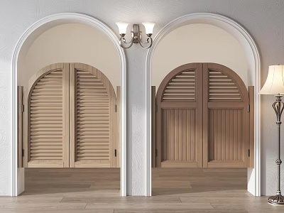 Elegant Interior With Arched Doorways Wooden Louvered Doors White Walls Wooden Flooring And Wall Sconces 3d model