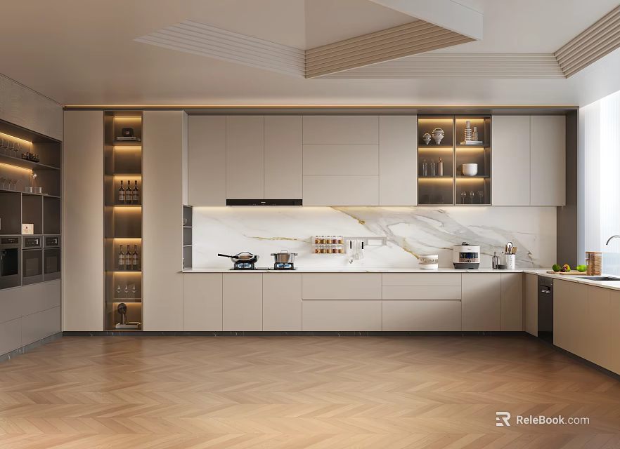 Modern Kitchen Interior Design With Light Cabinets Marble Counter And Wooden Herringbone Floor 3d model 