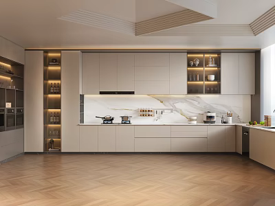 Modern Kitchen Interior Design With Light Cabinets Marble Counter And Wooden Herringbone Floor 3d model